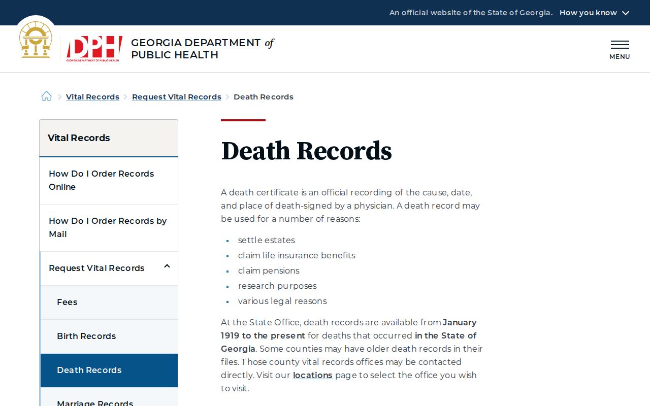 Georgia public health death record request information
